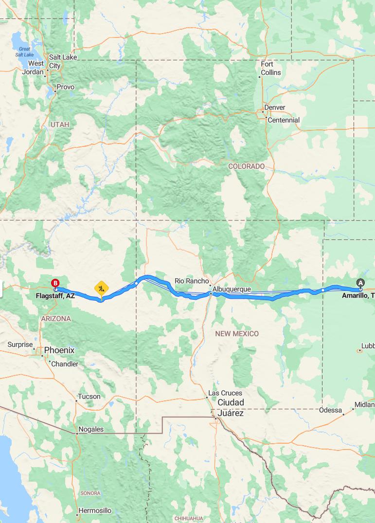 driving from Amarillo, Texas to FlagstaffArizona - map and route