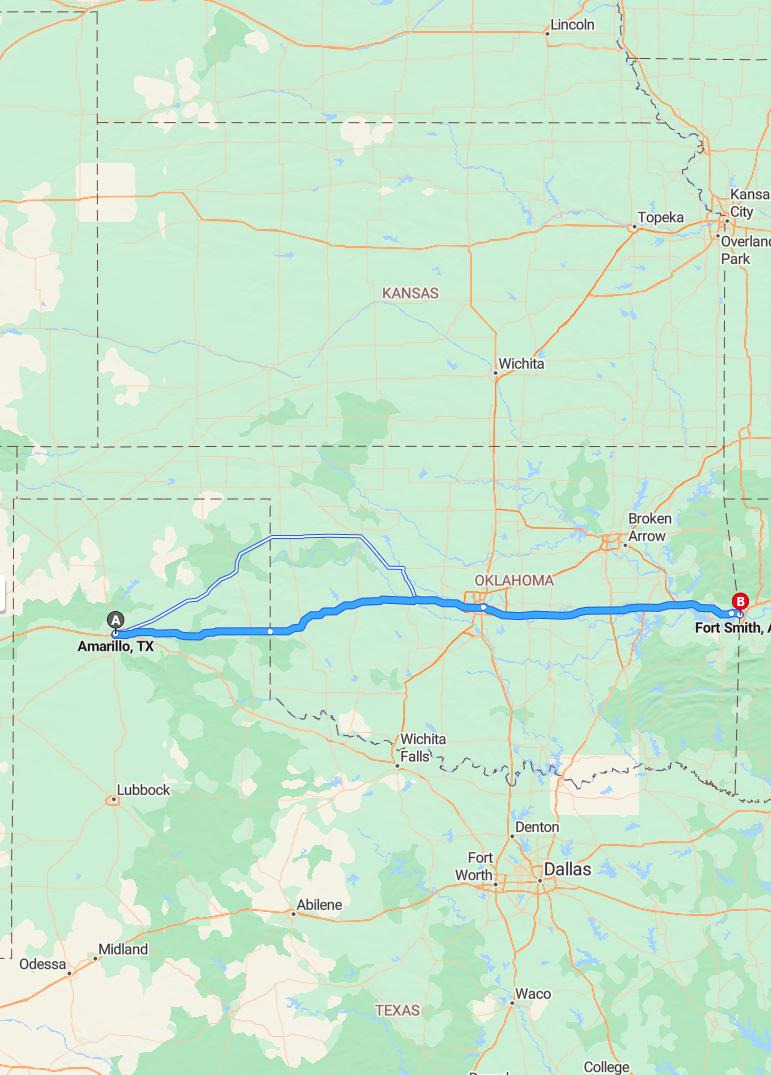 driving from Amarillo, Texas to Fort SmithArkansas - map and route