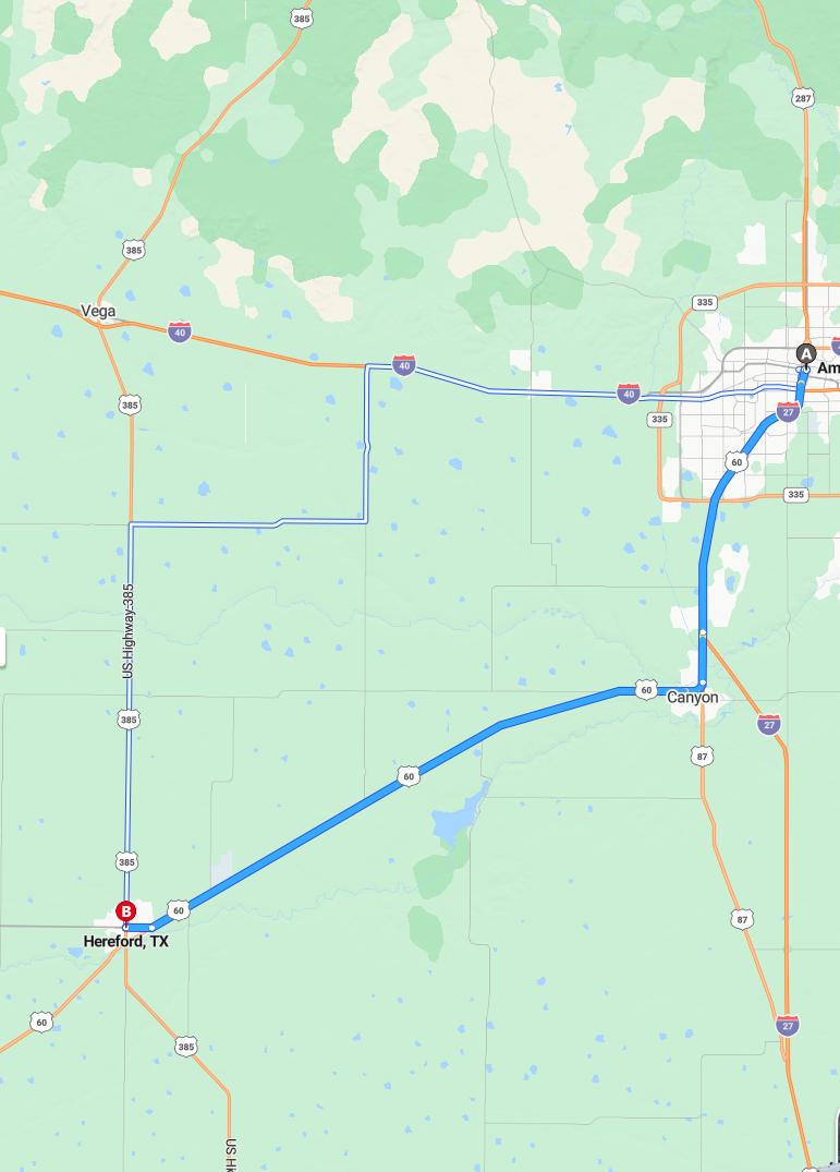 driving from Amarillo, Texas to HerefordTexas - map and route