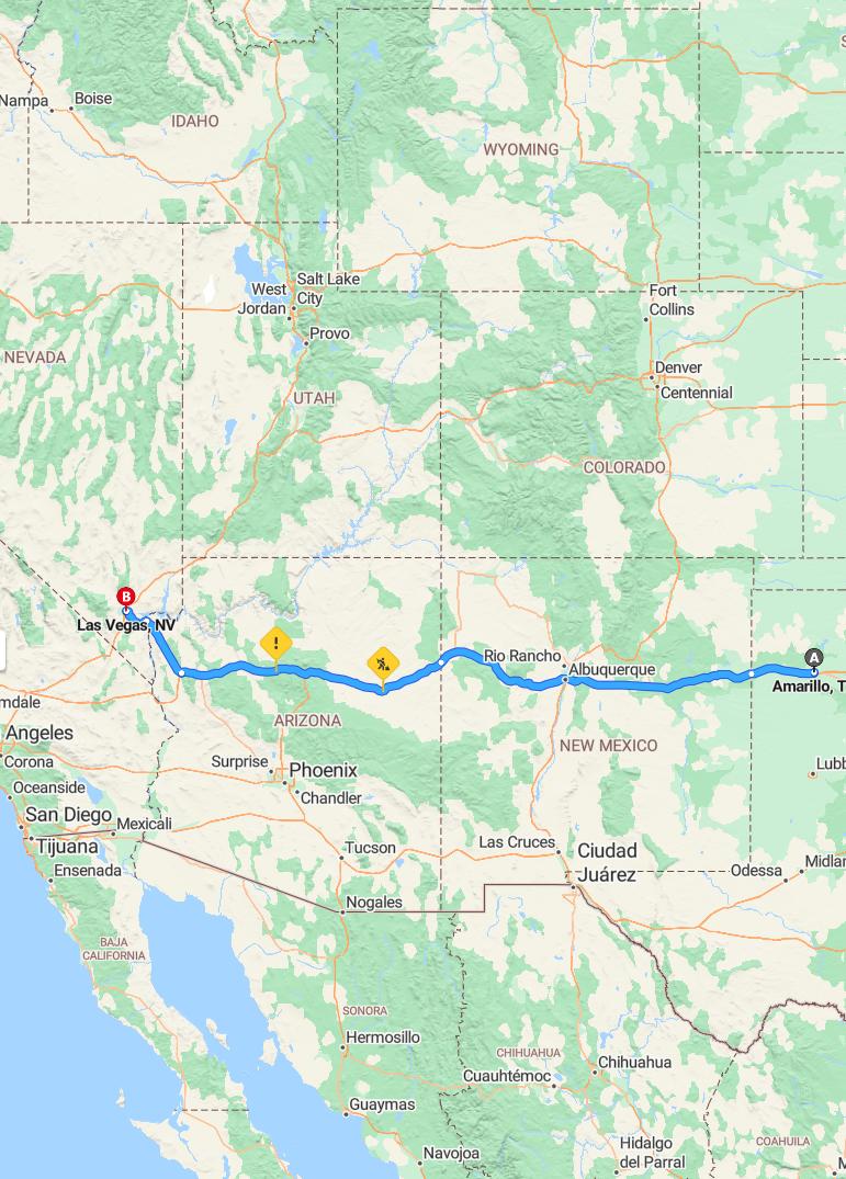 driving from Amarillo, Texas to Las VegasNevada - map and route
