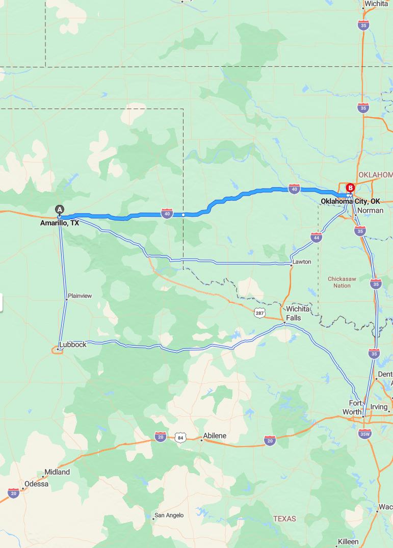 driving from Amarillo, Texas to Oklahoma CityOklahoma - map and route