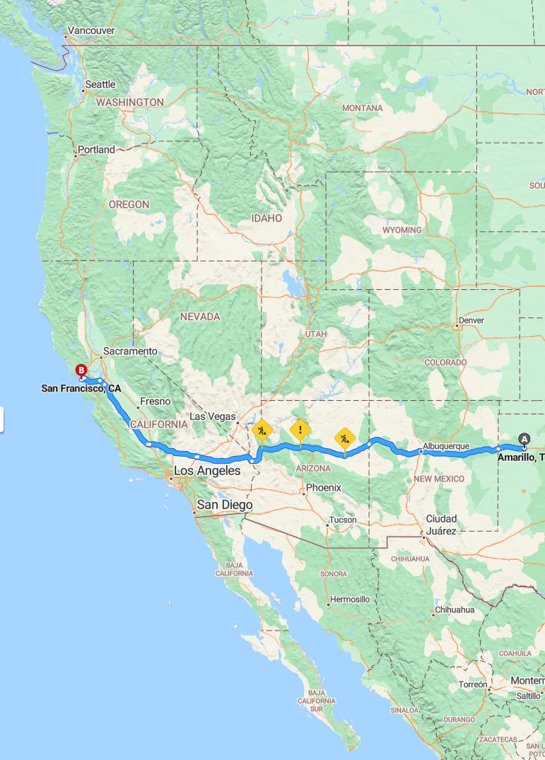 driving from Amarillo, Texas to San FranciscoCalifornia - map and route