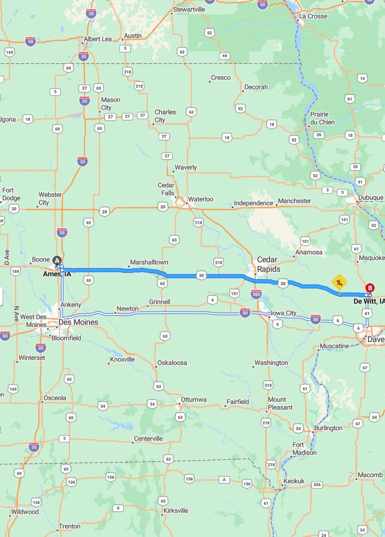 driving from Ames, Iowa to DeWittIowa - map and route