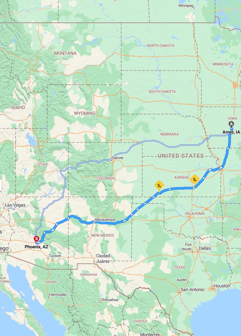 driving from Ames, Iowa to PhoenixArizona - map and route