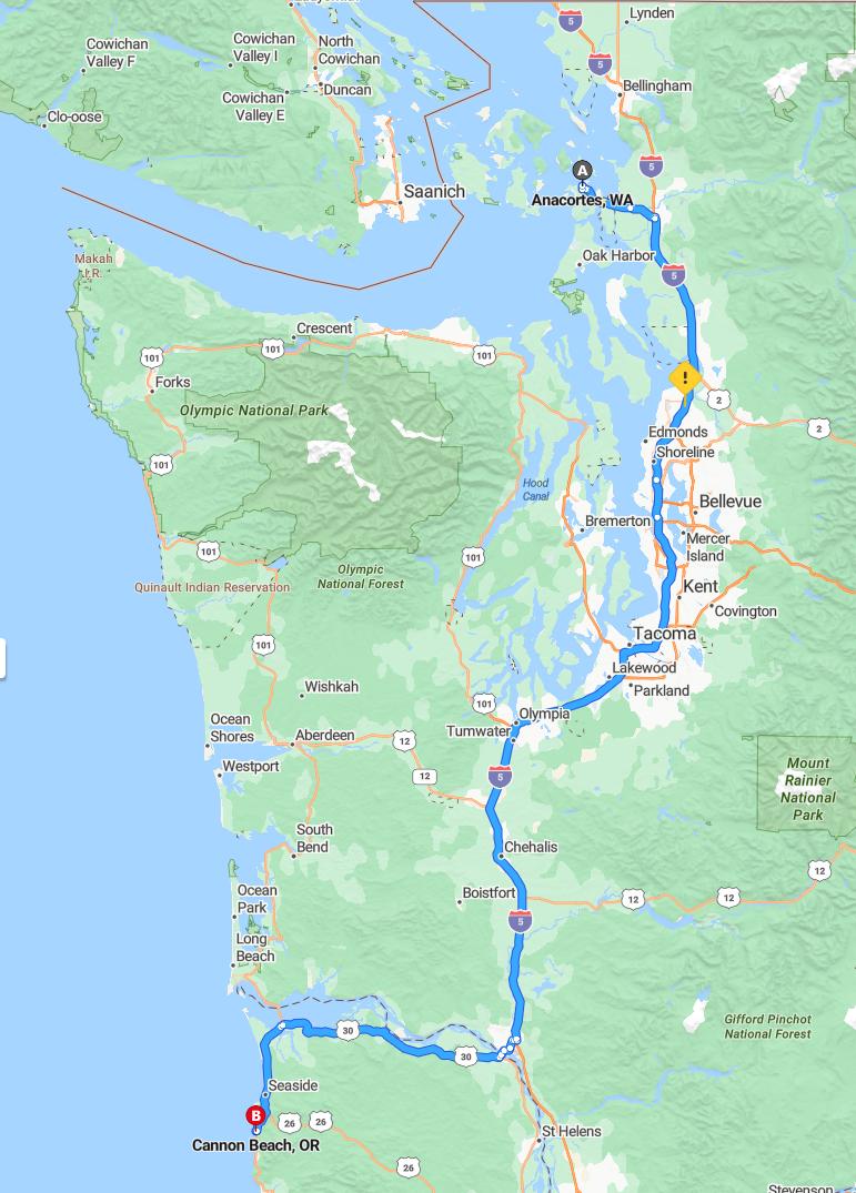 driving from Anacortes, Washington to Cannon BeachOregon - map and route
