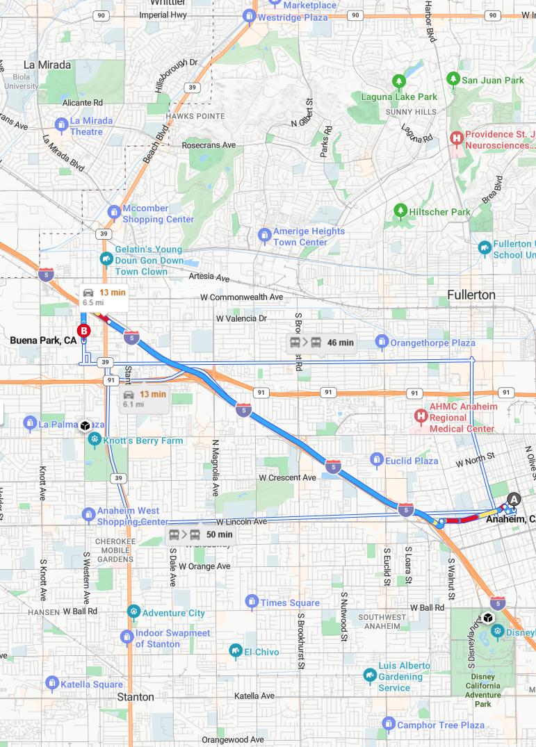 driving from Anaheim, California to Buena ParkCalifornia - map and route