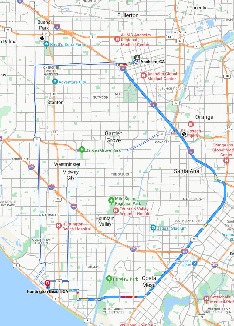 driving from Anaheim, California to Huntington BeachCalifornia - map and route