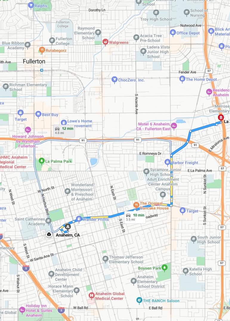 driving from Anaheim, California to La JollaCalifornia - map and route