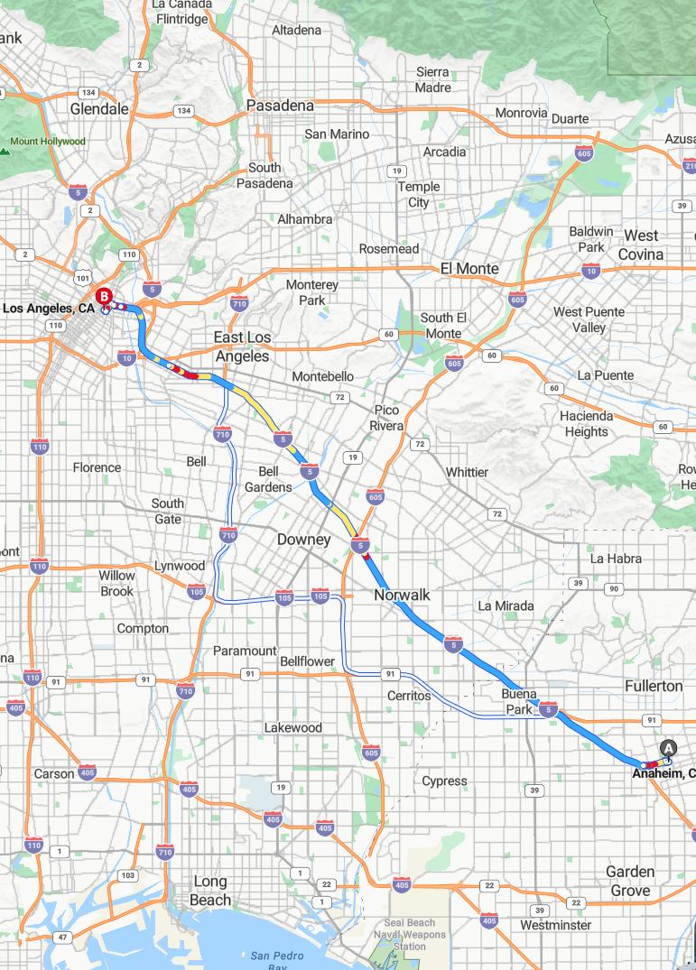driving from Anaheim, California to Los AngelesCalifornia - map and route