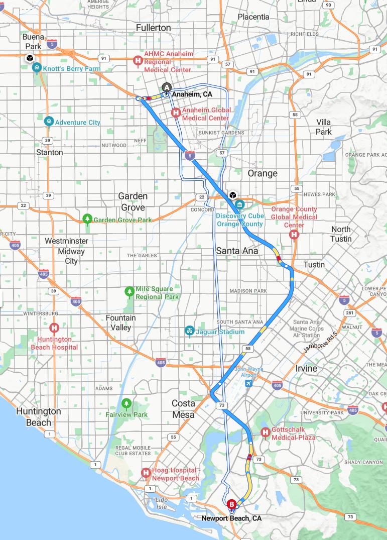 driving from Anaheim, California to Newport BeachCalifornia - map and route