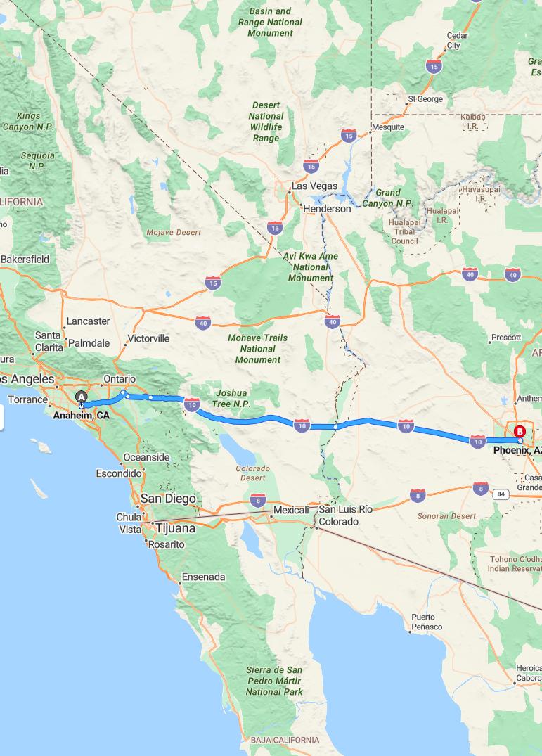 driving from Anaheim, California to PhoenixArizona - map and route