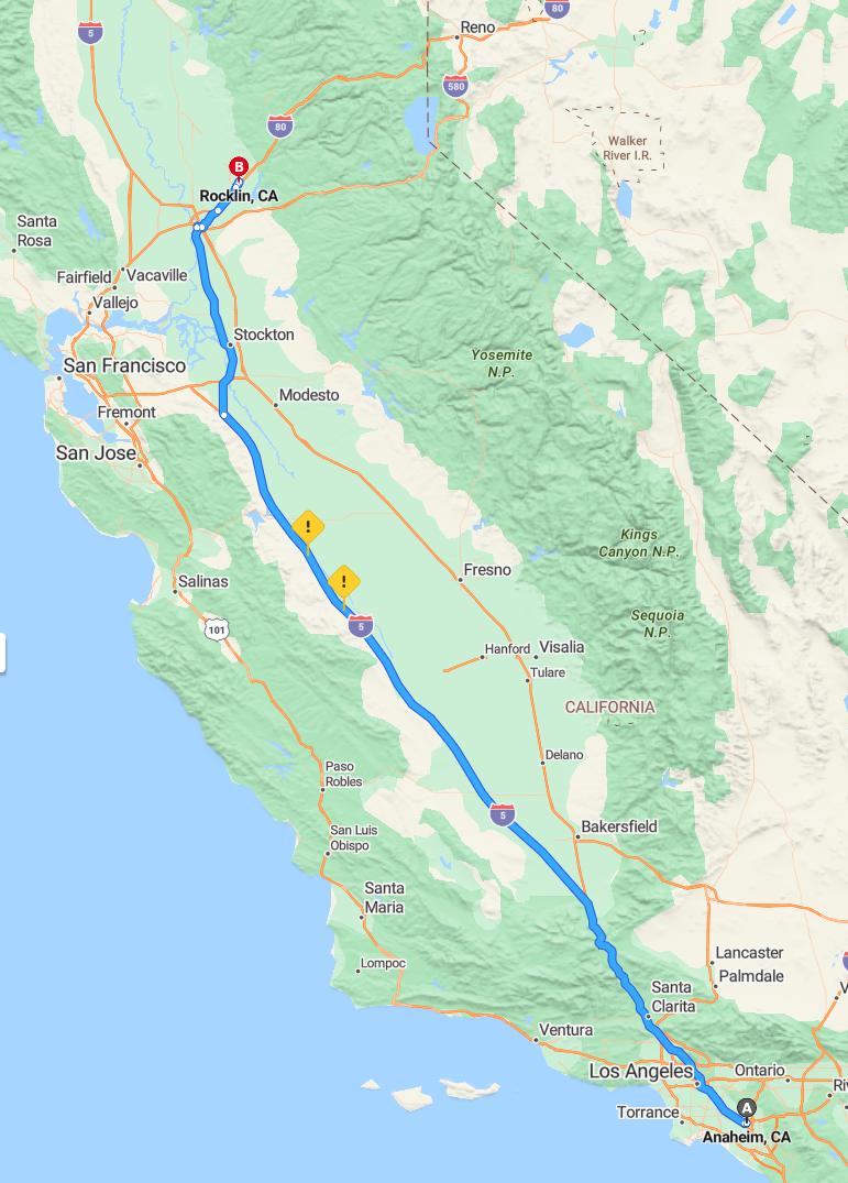 driving from Anaheim, California to RocklinCalifornia - map and route