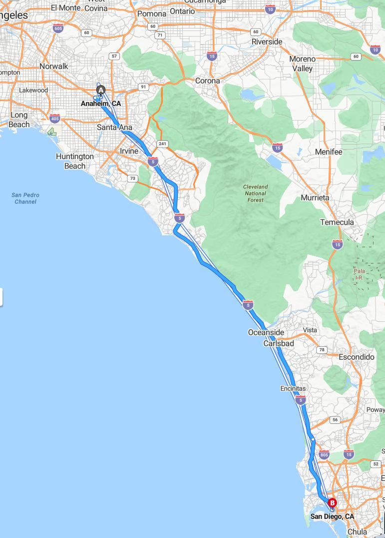 driving from Anaheim, California to San DiegoCalifornia - map and route