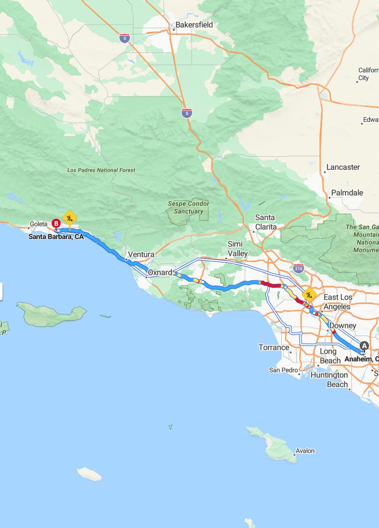 driving from Anaheim, California to Santa BarbaraCalifornia - map and route