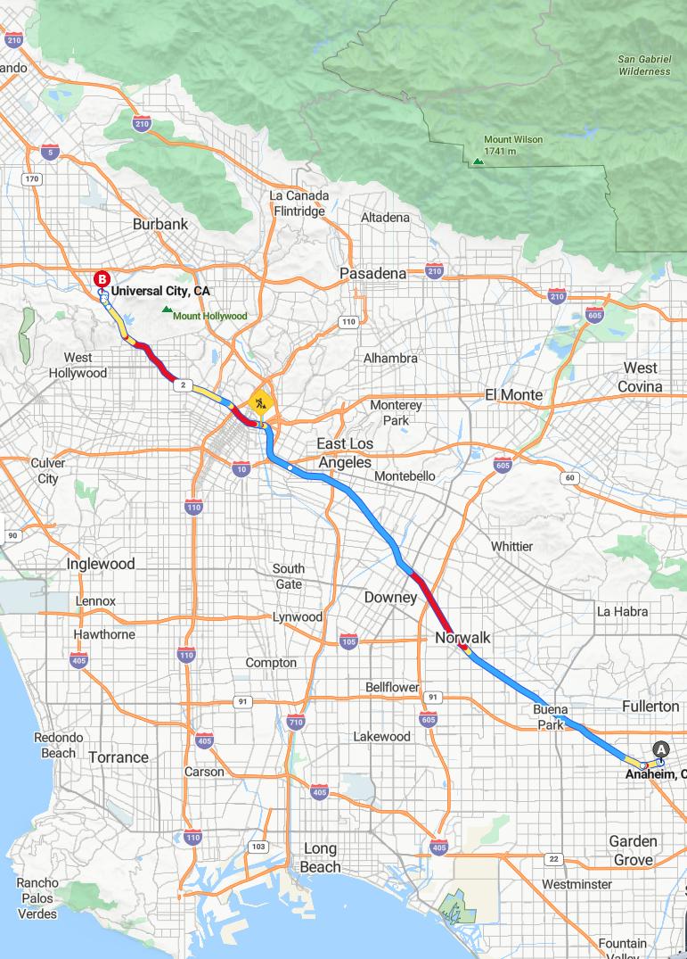 driving from Anaheim, California to Universal CityCalifornia - map and route