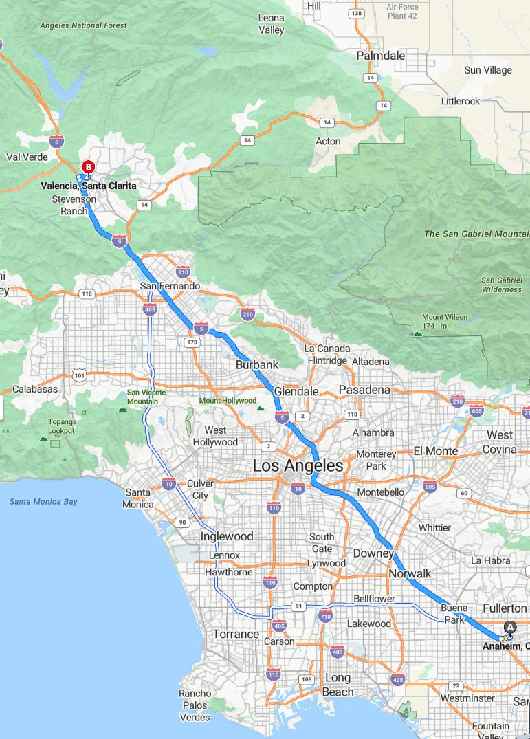 driving from Anaheim, California to ValenciaCalifornia - map and route