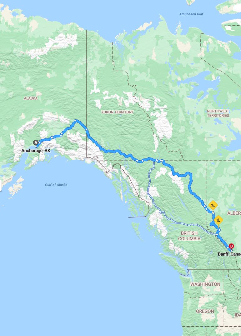 driving from Anchorage, Alaska to BanffAlberta - map and route