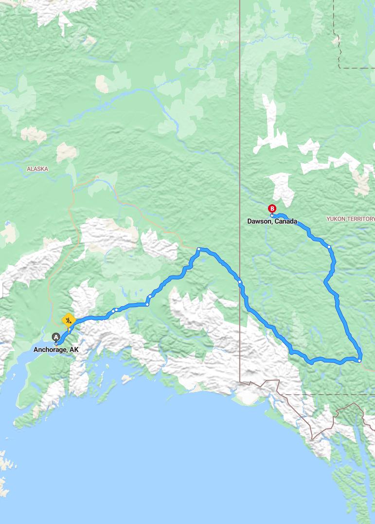 driving from Anchorage, Alaska to Dawson CityYukon - map and route
