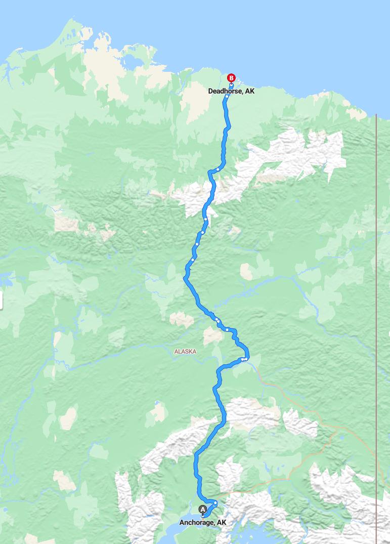 driving from Anchorage, Alaska to DeadhorseAlaska - map and route