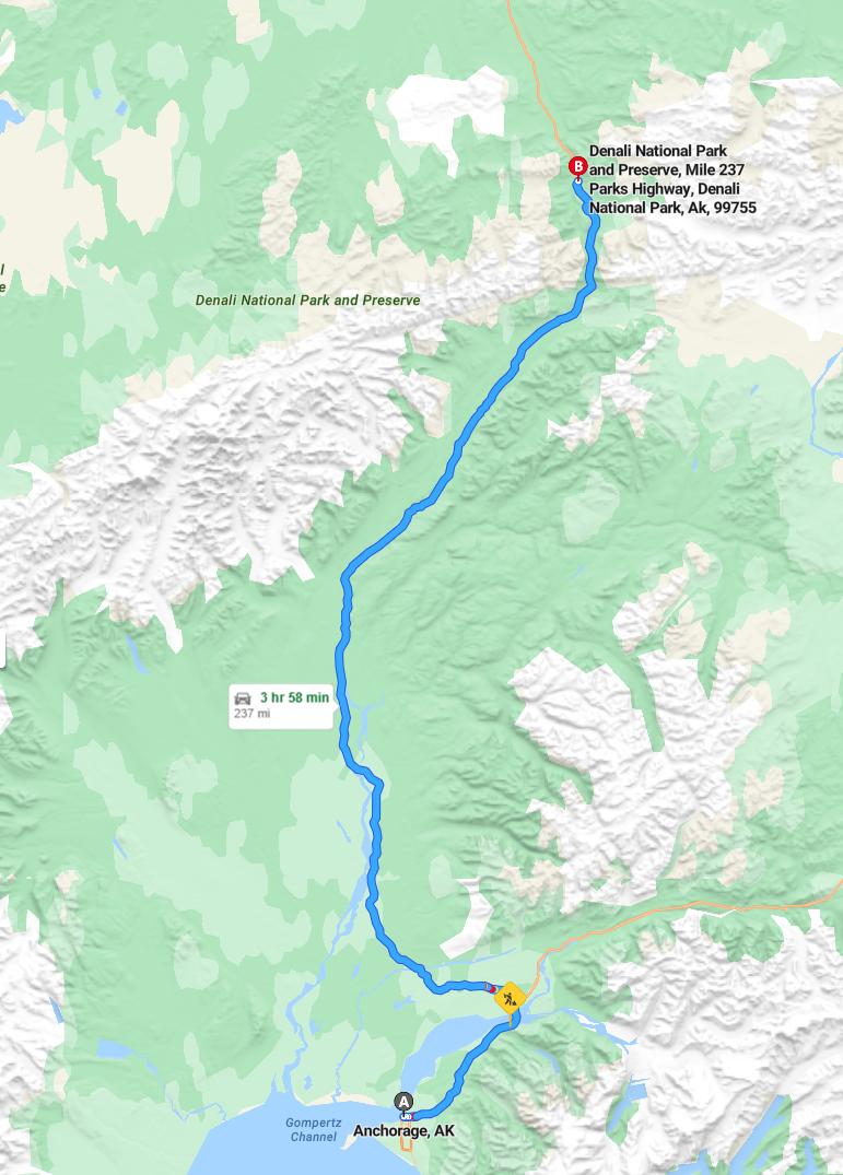 driving from Anchorage, Alaska to Denali National ParkAlaska - map and route