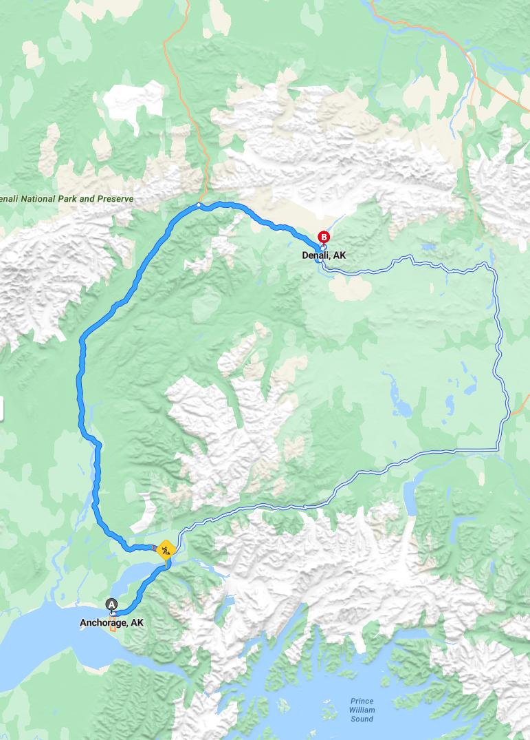 driving from Anchorage, Alaska to DenaliAlaska - map and route