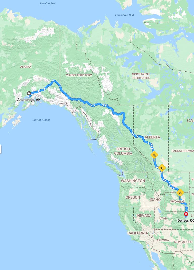 driving from Anchorage, Alaska to DenverColorado - map and route