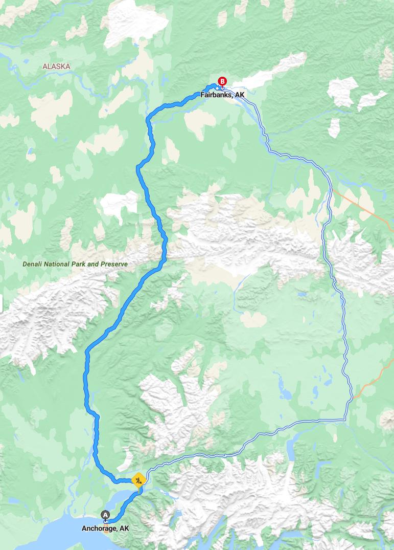 driving from Anchorage, Alaska to FairbanksAlaska - map and route