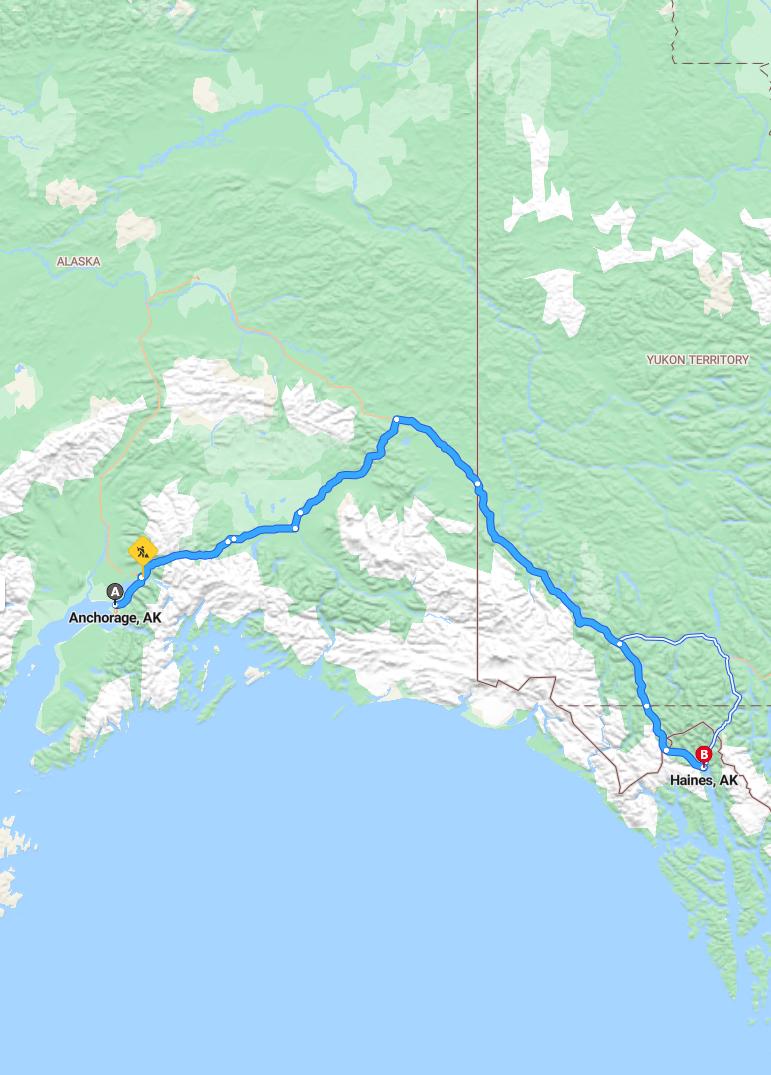 driving from Anchorage, Alaska to HainesAlaska - map and route