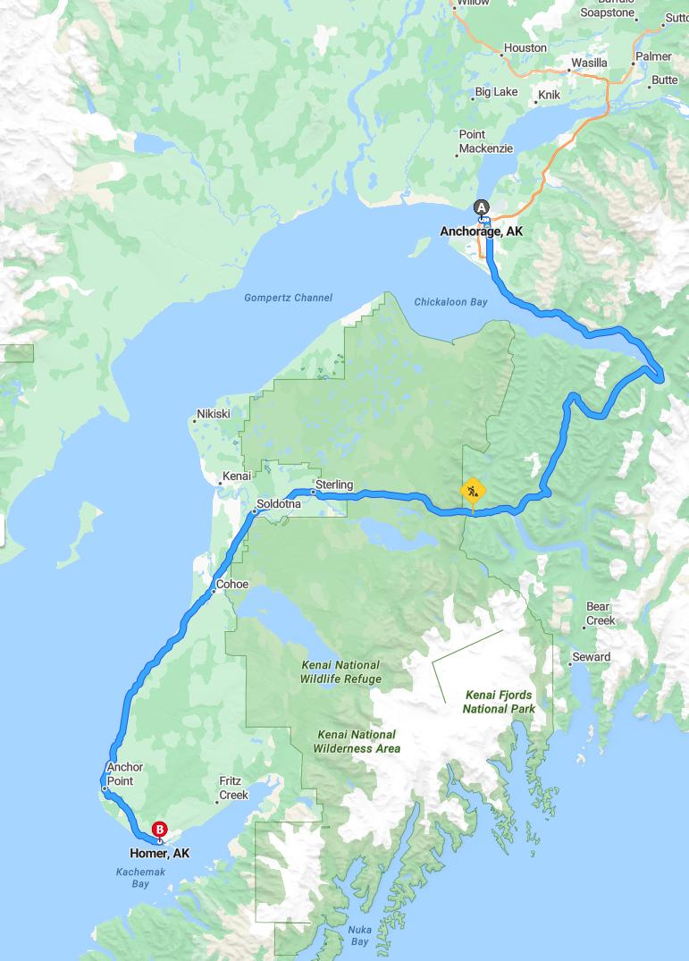 driving from Anchorage, Alaska to HomerAlaska - map and route