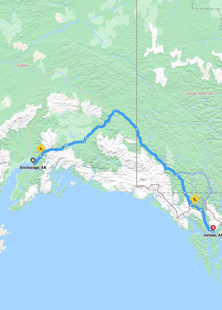 driving from Anchorage, Alaska to JuneauAlaska - map and route