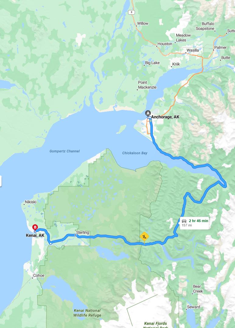 driving from Anchorage, Alaska to KenaiAlaska - map and route