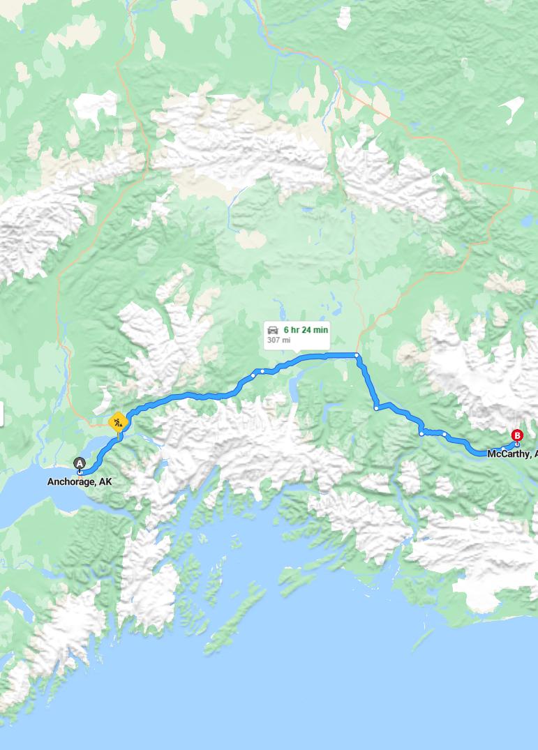 driving from Anchorage, Alaska to McCarthyAlaska - map and route