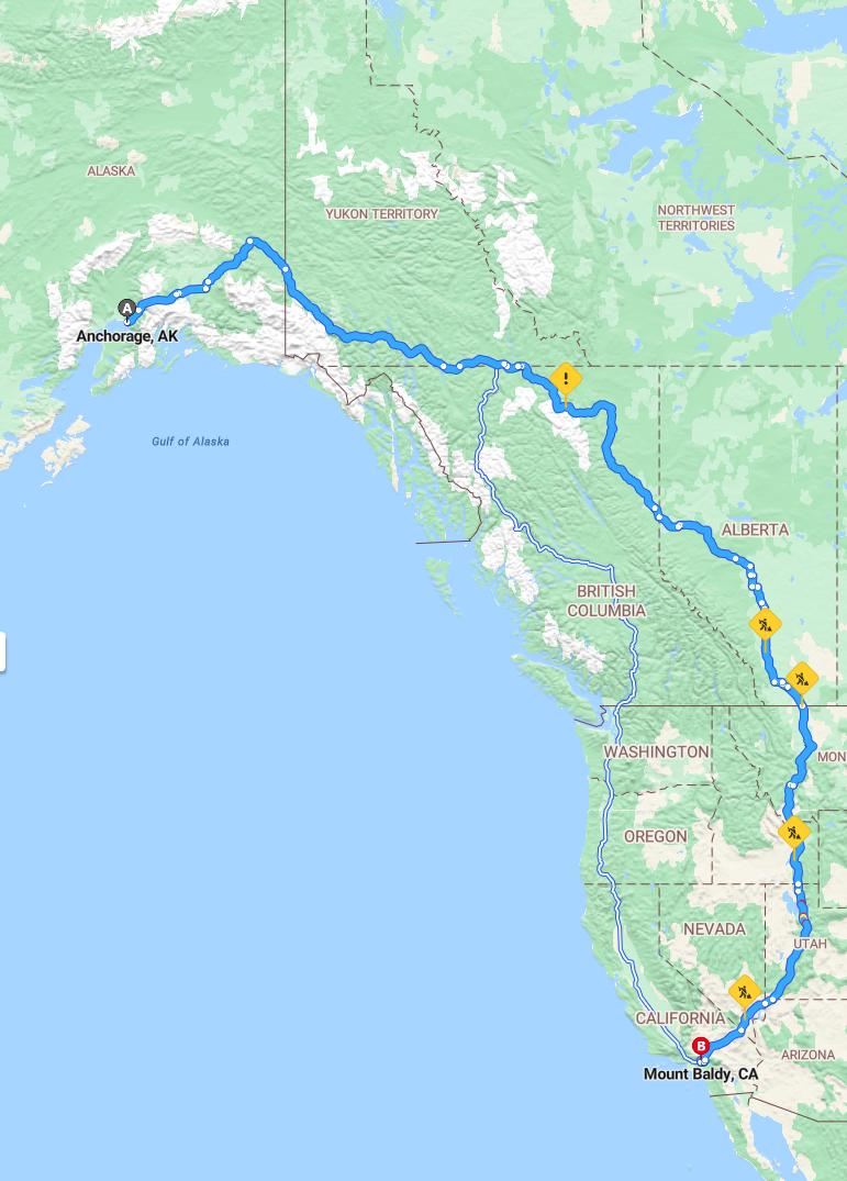 driving from Anchorage, Alaska to Mount BaldyCalifornia - map and route