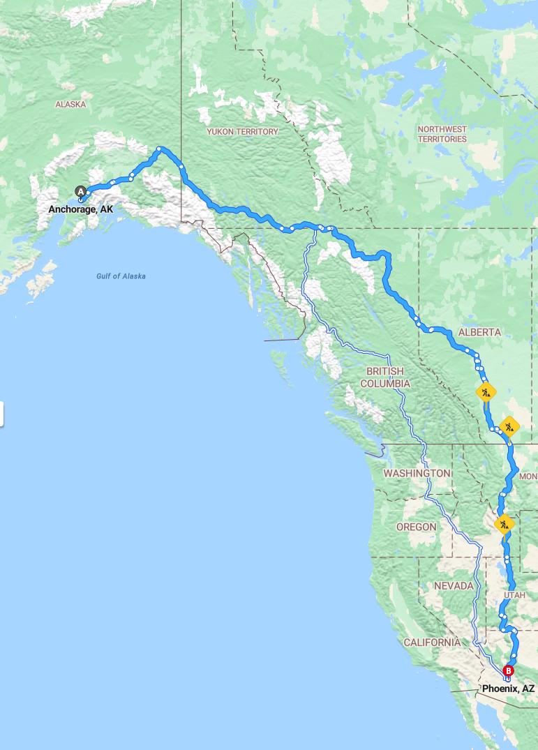 driving from Anchorage, Alaska to PhoenixArizona - map and route