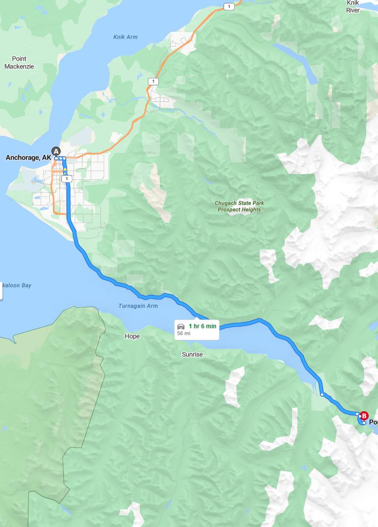 driving from Anchorage, Alaska to Portage GlacierAlaska - map and route