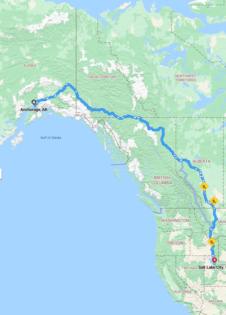 driving from Anchorage, Alaska to Salt Lake CityUtah - map and route