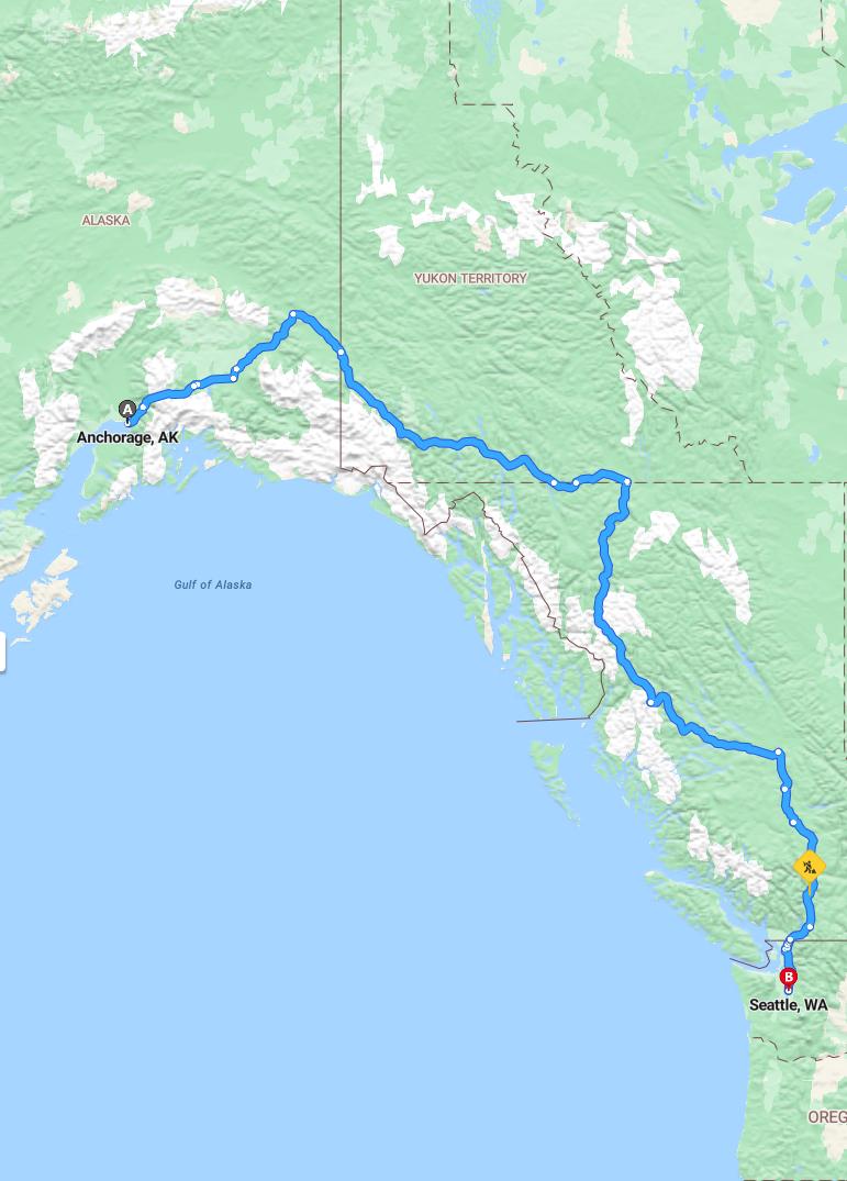 driving from Anchorage, Alaska to SeattleWashington - map and route