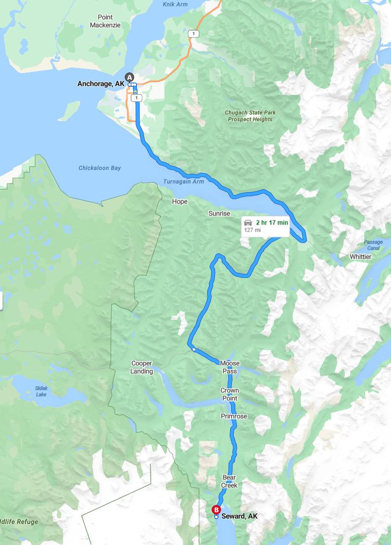 driving from Anchorage, Alaska to SewardAlaska - map and route