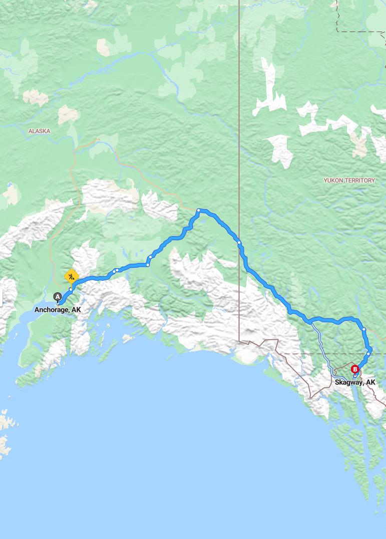 driving from Anchorage, Alaska to SkagwayAlaska - map and route