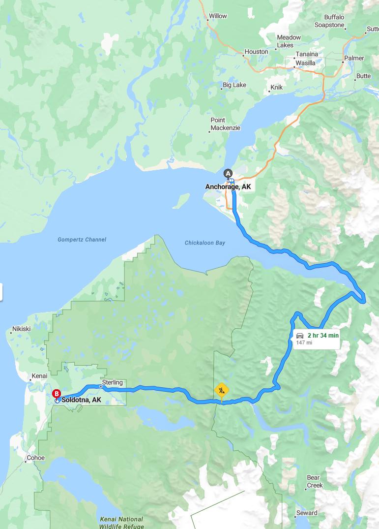 driving from Anchorage, Alaska to SoldotnaAlaska - map and route