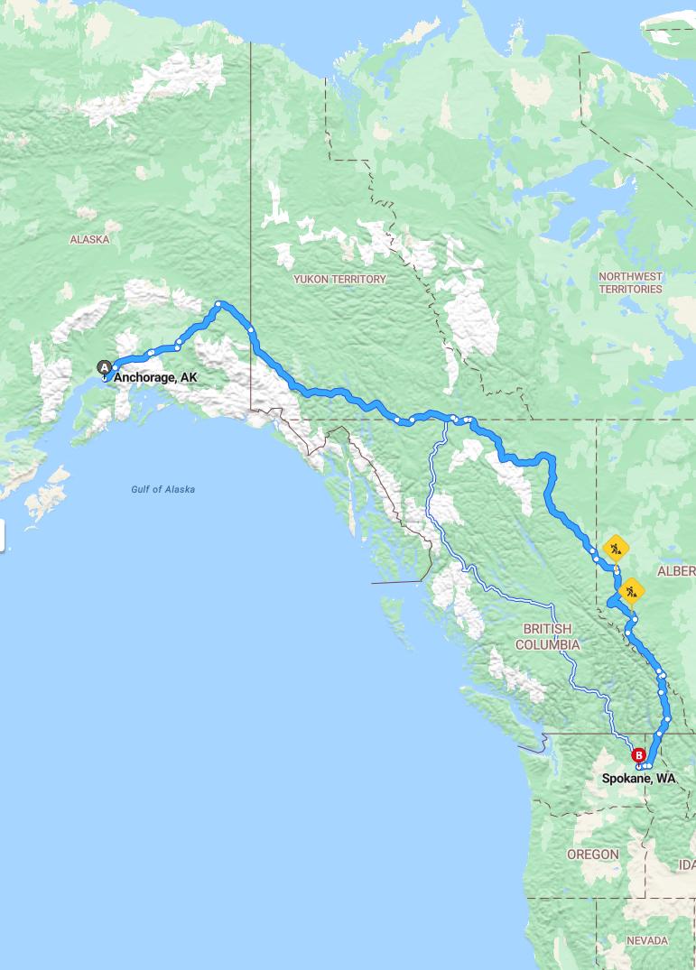 driving from Anchorage, Alaska to SpokaneWashington - map and route