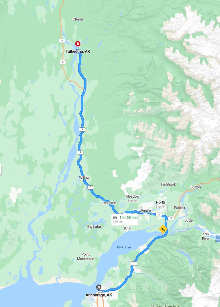 driving from Anchorage, Alaska to TalkeetnaAlaska - map and route