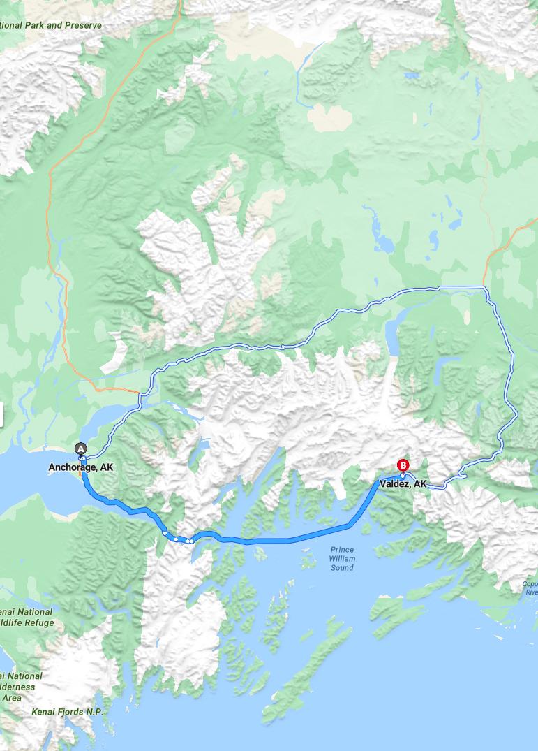 driving from Anchorage, Alaska to ValdezAlaska - map and route