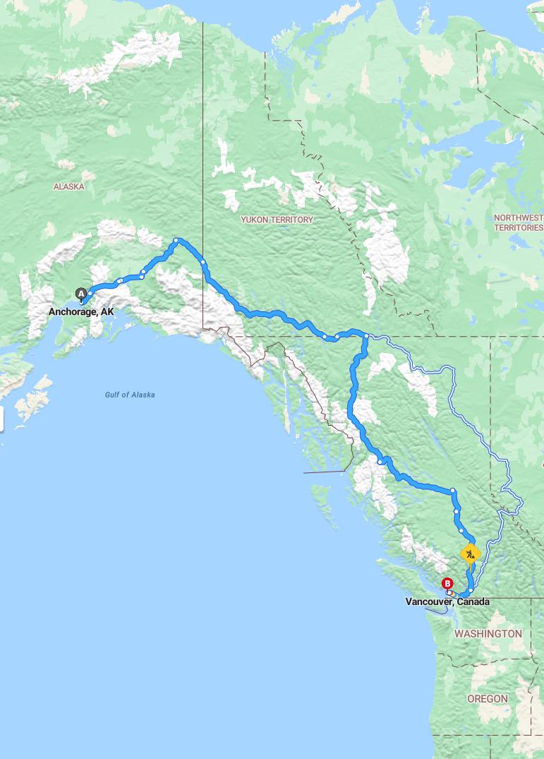 driving from Anchorage, Alaska to VancouverBritish Columbia - map and route
