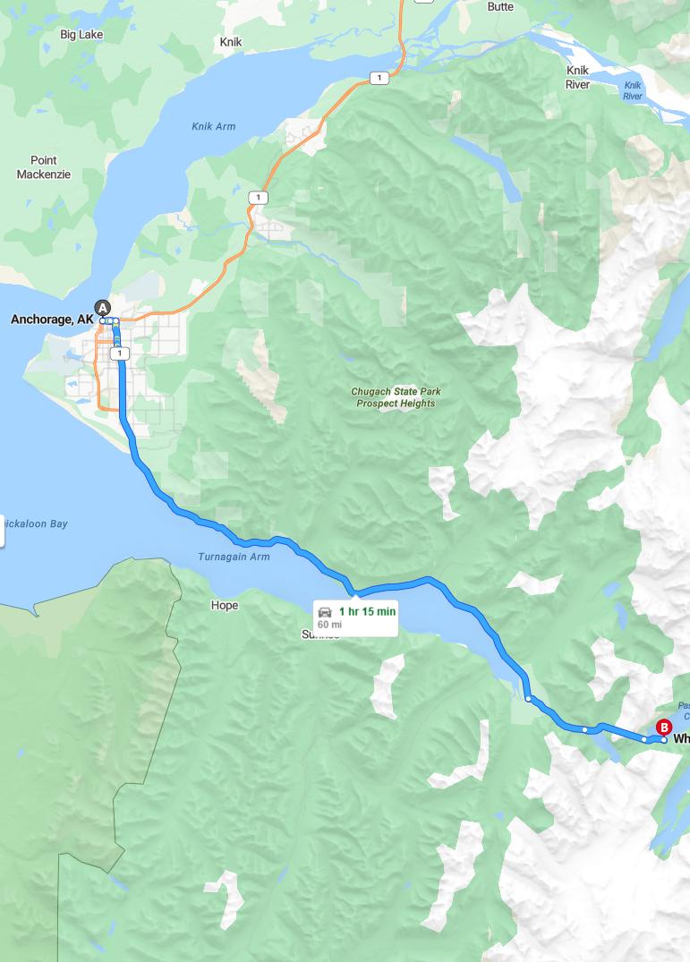driving from Anchorage, Alaska to WhittierAlaska - map and route