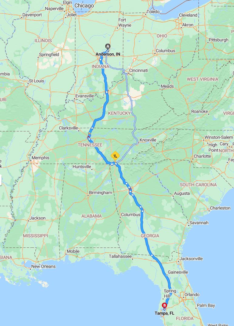 driving from Anderson, Indiana to TampaFlorida - map and route