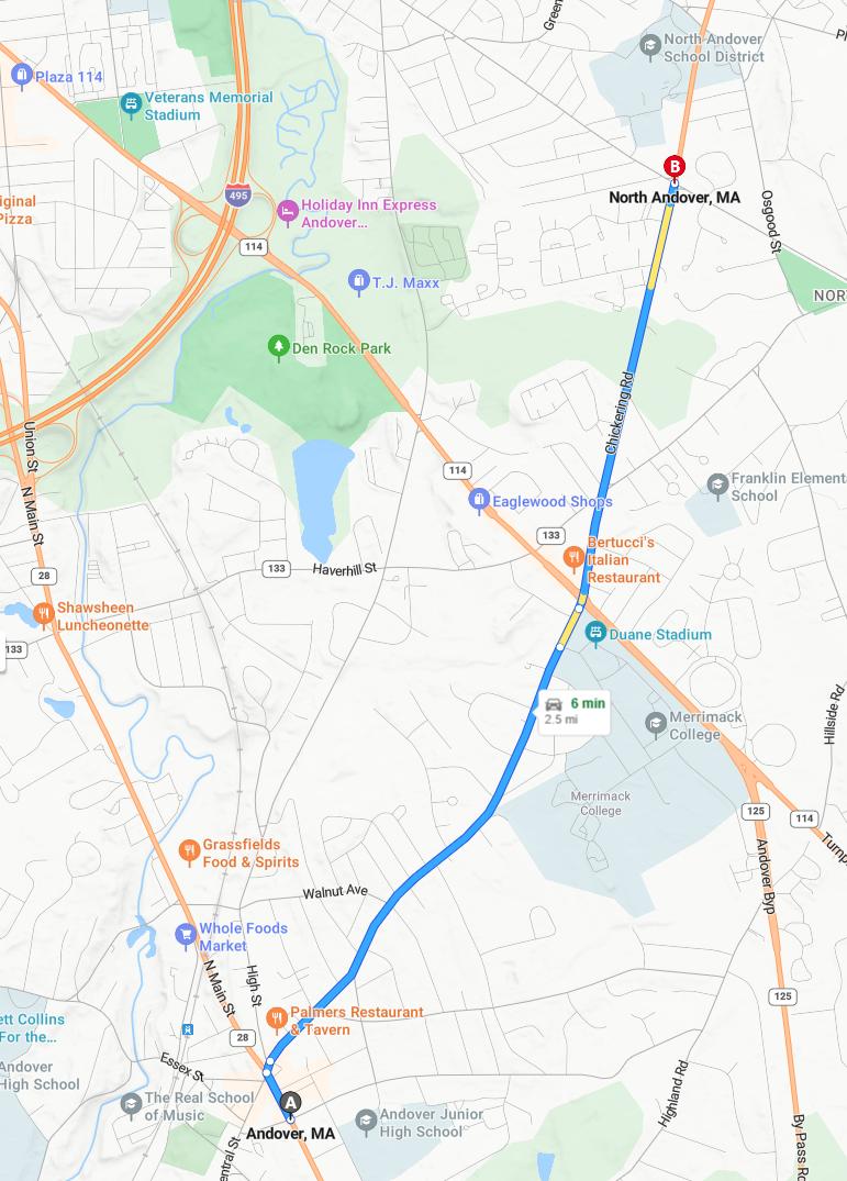 driving from Andover, Massachusetts to North AndoverMassachusetts - map and route