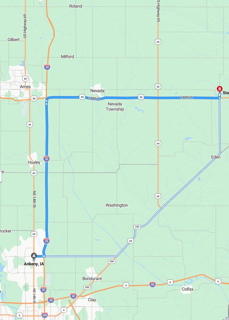 driving from Ankeny, Iowa to State CenterIowa - map and route
