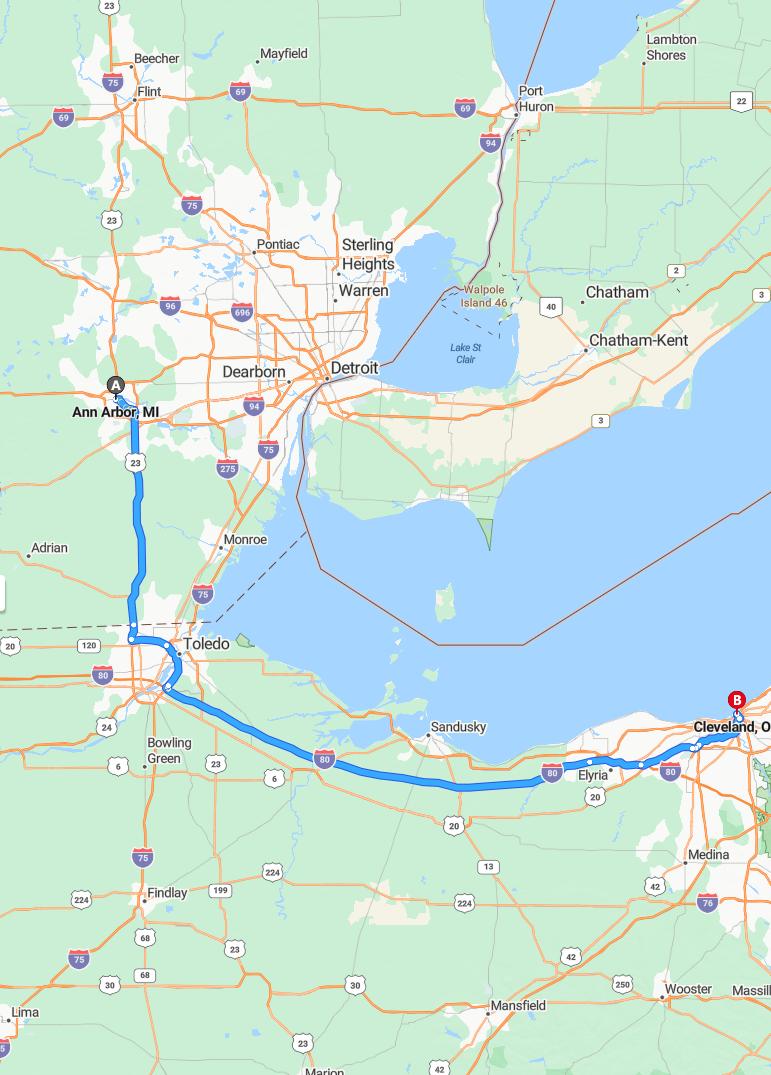 driving from Ann Arbor, Michigan to ClevelandOhio - map and route