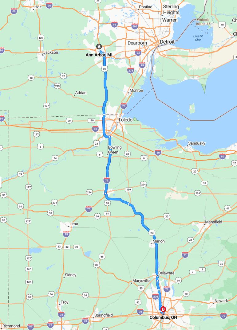driving from Ann Arbor, Michigan to ColumbusOhio - map and route